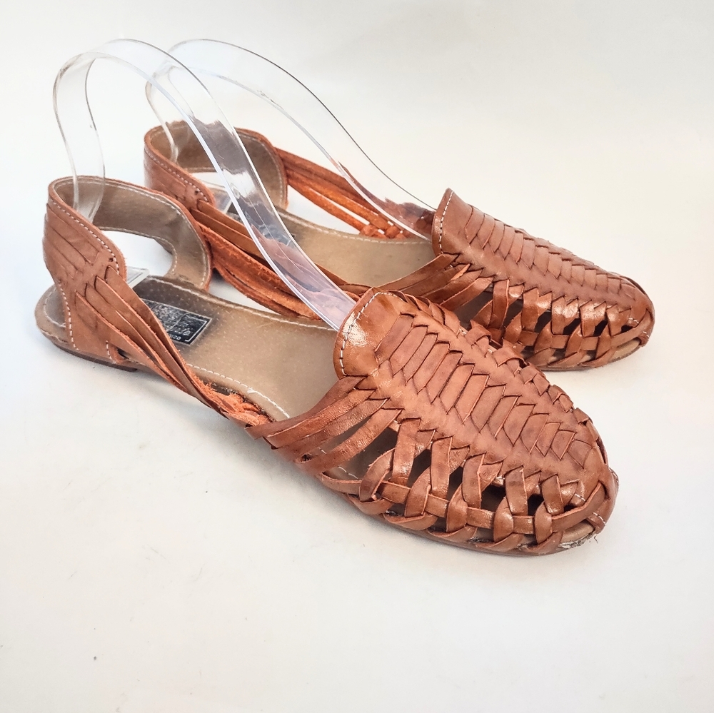 Women's Woven Tan Leather Slingback Sandals Huarache size 9.5 Made in Mexico Vtg